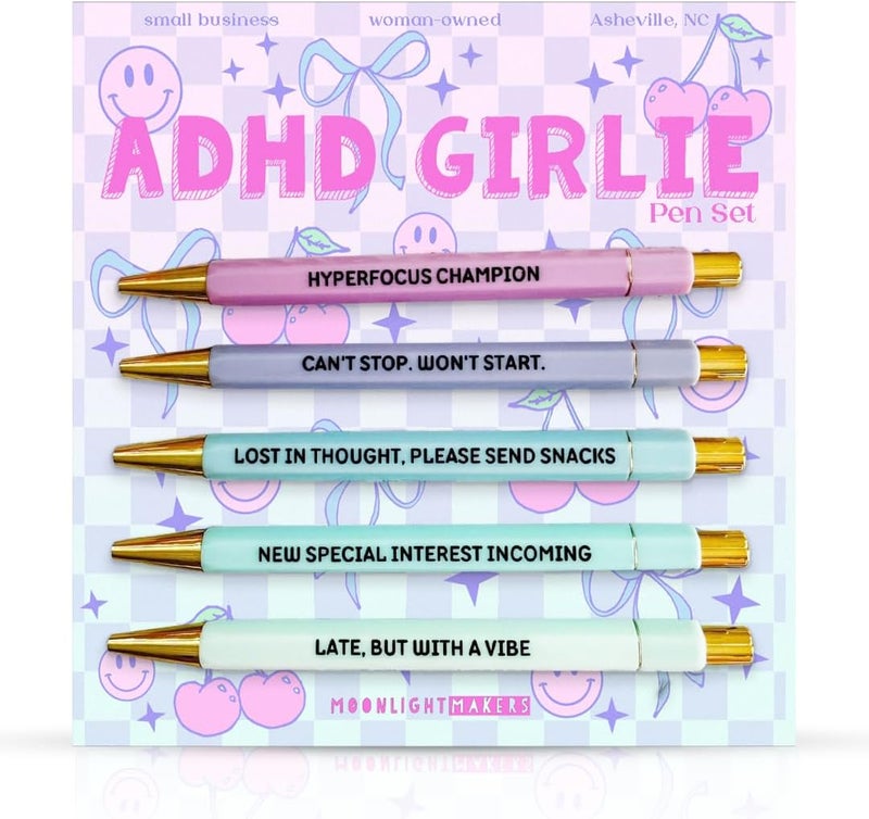 Moonlight Makers - Set of 5 Ballpoint Pens Black Ink - Engraved Funny Pens for Adults - ADHD Girlie Appreciation Adult Gifts - Ideal Desk Decor for Work and Office Desk - Cute Packaging, Handy Clips - Image 1